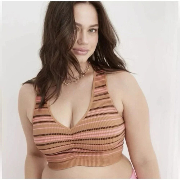 Aerie Superchill Seamless Ruched Bra Crop Tank Top Size Medium M Brown Striped - Picture 5 of 5
